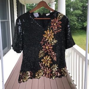 Vintage black/gold/tan sequined top. Size M